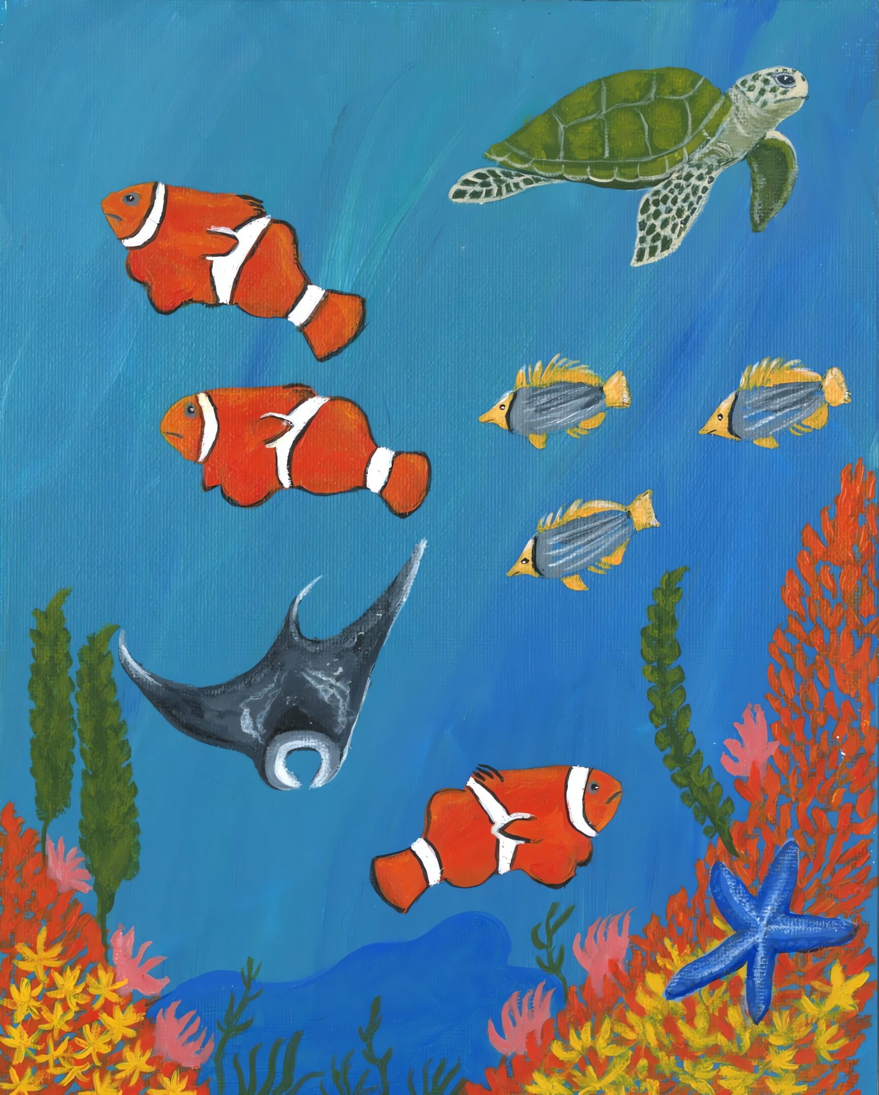Colorful marine life with coral and starfish