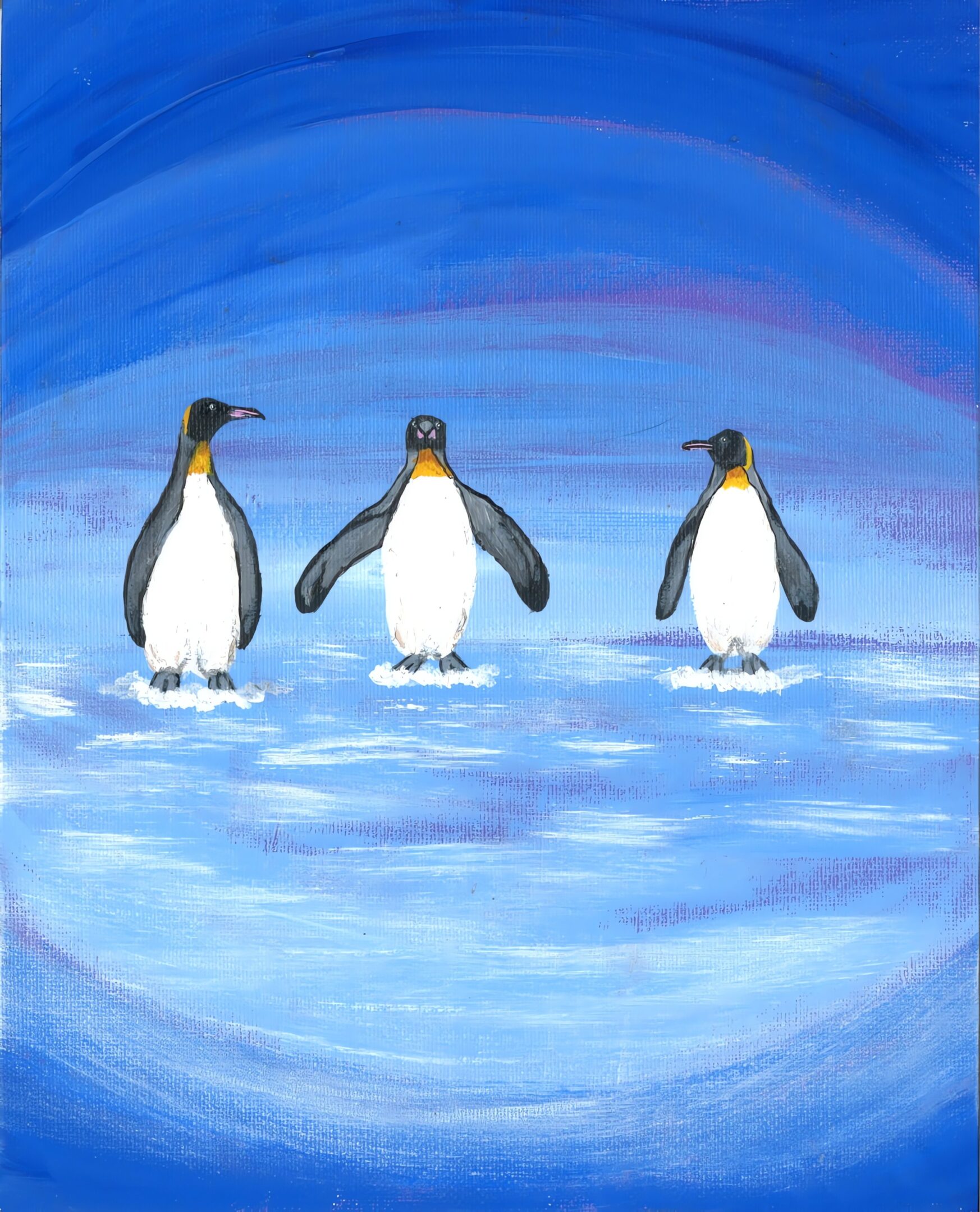 Three penguins standing on icy surface